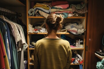 Fototapeta premium A cleaning service worker organizing a cluttered closet, creating a neat and accessible space