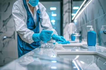 Professional cleaners sanitizing a bathroom, making tiles and fixtures shine with cleanliness