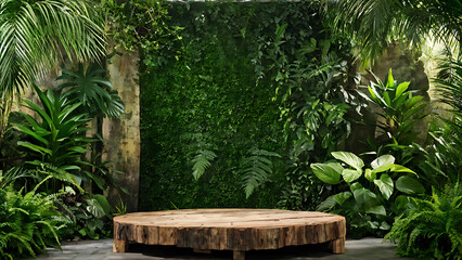 Obraz premium Background podium jungle product platform 3D green wood display pedestal. Background podium jungle tree nature leaf tropical cosmetic summer forest plant garden stage water presentation stone table. 