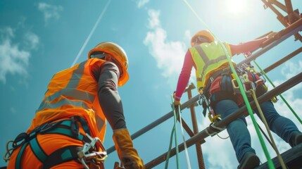 Construction workers wearing safety equipment while working at height industrial project. Fall arrestor device for worker with hooks for safety body harness on the roof structure. Safety concept.