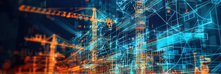 Obraz premium Digital blueprint of a building under construction with cranes, Symbolizing modern architecture and technology. 3d wireframe of construction.
