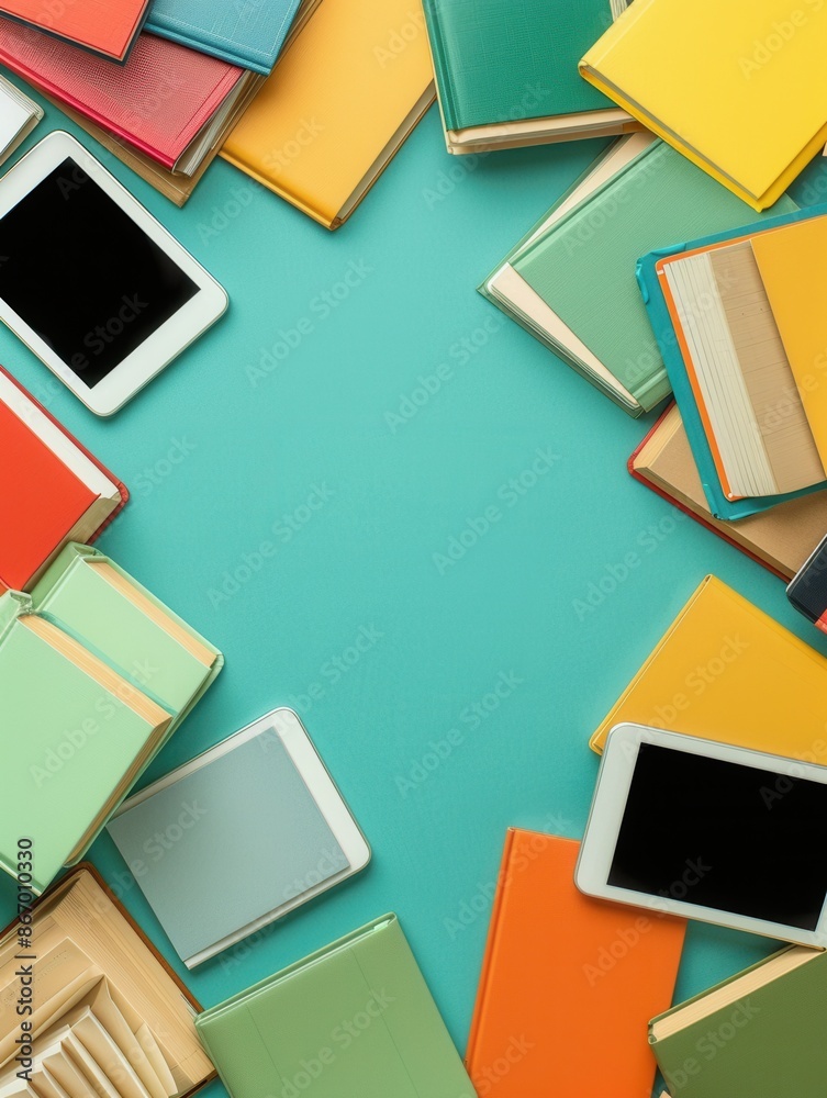 Poster a flat lay of tablets and books on a blue background, showcasing modern digital learning tools and t
