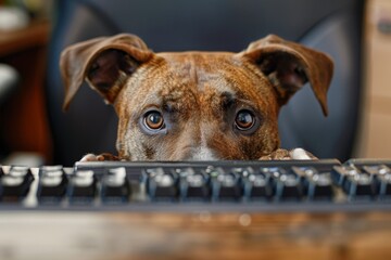 A dog peeking over the edge of a desk as its owner types on a keyboard, symbolizing curiosity and loyalty