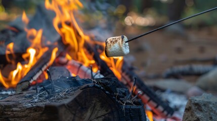 Obraz premium A camper roasting marshmallows over the fire using plantbased marshmallows and homemade graham crackers for a sustainable twist on a classic treat.