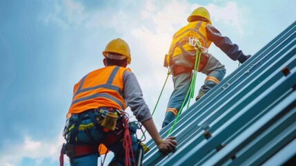 Construction workers wearing safety equipment while working at height industrial project. Fall arrestor device for worker with hooks for safety body harness on the roof structure. Safety concept.
