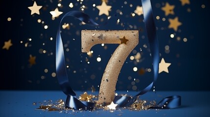 Number seven adorned with blue ribbon and surrounded by golden stars and sparkling confetti on a blue background