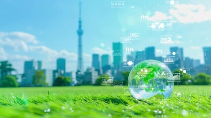 High-tech city with a digital earth sphere on a grassy lawn, smart technology city concept. - Powered by Adobe
