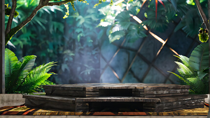 Background podium jungle product platform 3D green wood display pedestal. Background podium jungle tree nature leaf tropical cosmetic summer forest plant garden stage water presentation stone table. 