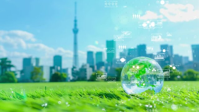 High-tech city with a digital earth sphere on a grassy lawn, smart technology city concept.