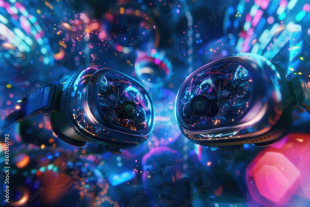 Poster vr headsets and ar glasses floating in a colorful, digital world, showcasing the immersive possibili