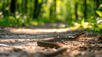 Obraz premium Snake slithers across forest path with green foliage in background