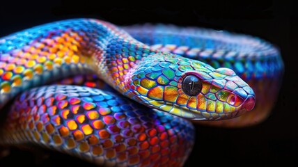 Fototapeta premium Close-up of vibrant rainbow-colored snake scales on dark background