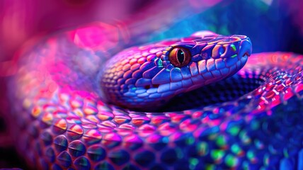 Obraz premium Vibrant snake in neon colors, coiled with intense gaze