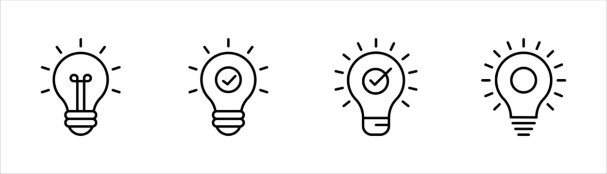 black bulb with checkmark like quick tip icon set, flat stroke linear simple trend modern efficiency logotype design element isolated on white background.