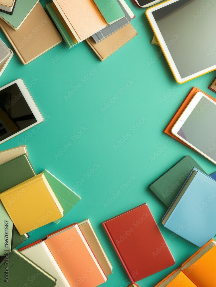Fototapete an overhead view of tablets and e-readers surrounding a variety of books on a turquoise background, 