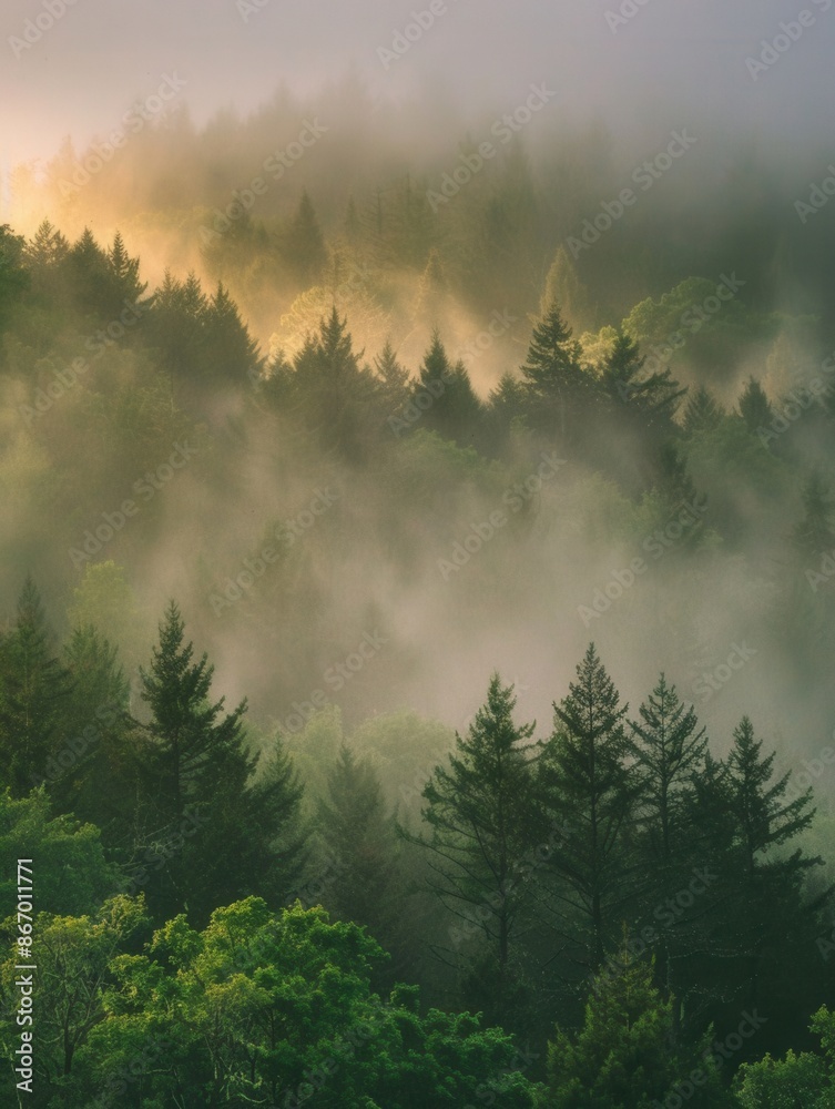 Aufkleber a serene forest landscape at dawn, with trees bathed in the soft light of the rising sun. the air is