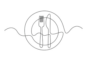 Vector illustration of plate knife and fork continuous one line drawing 