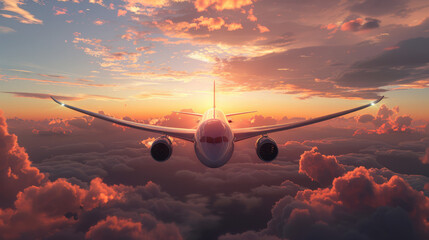 an airplane flying into the sunset, the airplane perfectly centered, clear view of the wings and engines