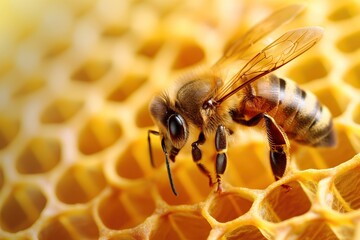 Honey bee on honeycomb. Close-up view of the working bee on honeycells.