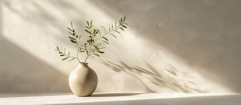 Contemporary summer setting image featuring a round beige vase showcasing a green olive branch in sunlight casting elongated shadows, against a neutral table backdrop, with room for text.