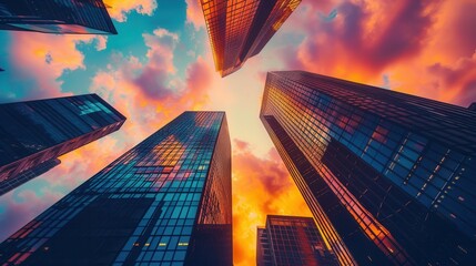 A dramatic cityscape at sunset, featuring tall skyscrapers silhouetted against a vibrant, colorful sky. Generative AI
