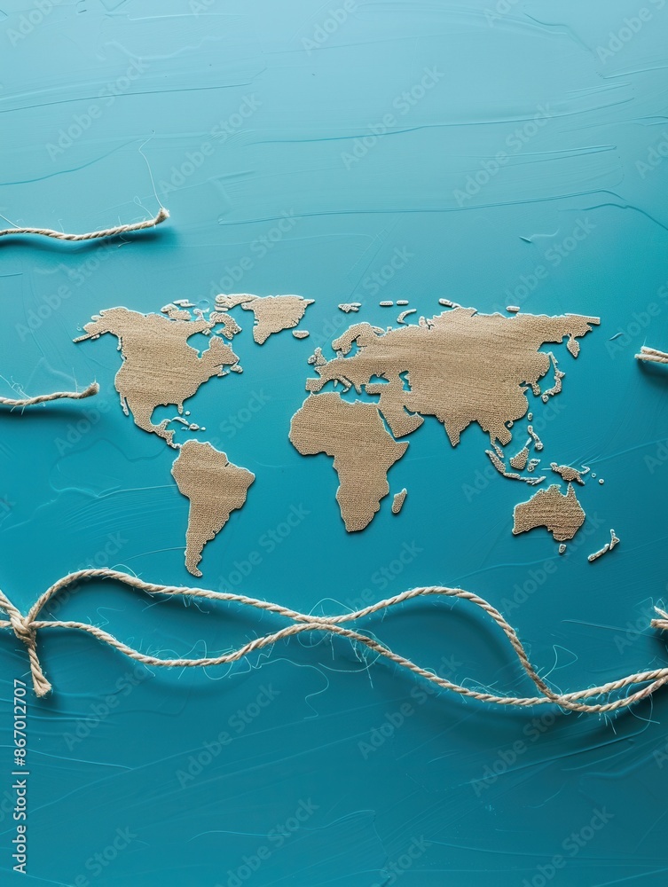 Aufkleber A simple and symbolic image of a world map with highlighted rope route lines on a blue background, perfect for travel agency websites and marketing materials. Generative AI