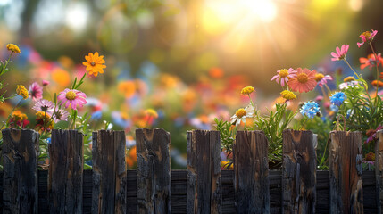 Vibrant Wildflower Garden Behind Rustic Wooden Fence at Sunset