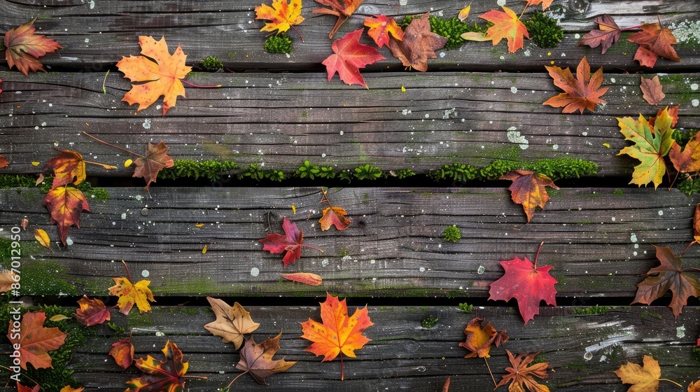 Sticker top view of fall foliage on weathered wooden surface with moss