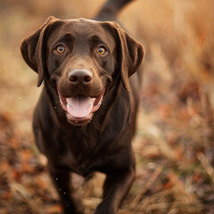 Photograph a Labrador Retriever dog with a rich chocolate-colored coat and expressive brown eyes. 