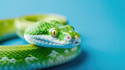 Obraz premium Green and white snake coiled on blue surface