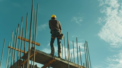 Construction worker standing on top of scaffold with steel rods in front of blue sky industrial construction scene under clear skyaspect of business
