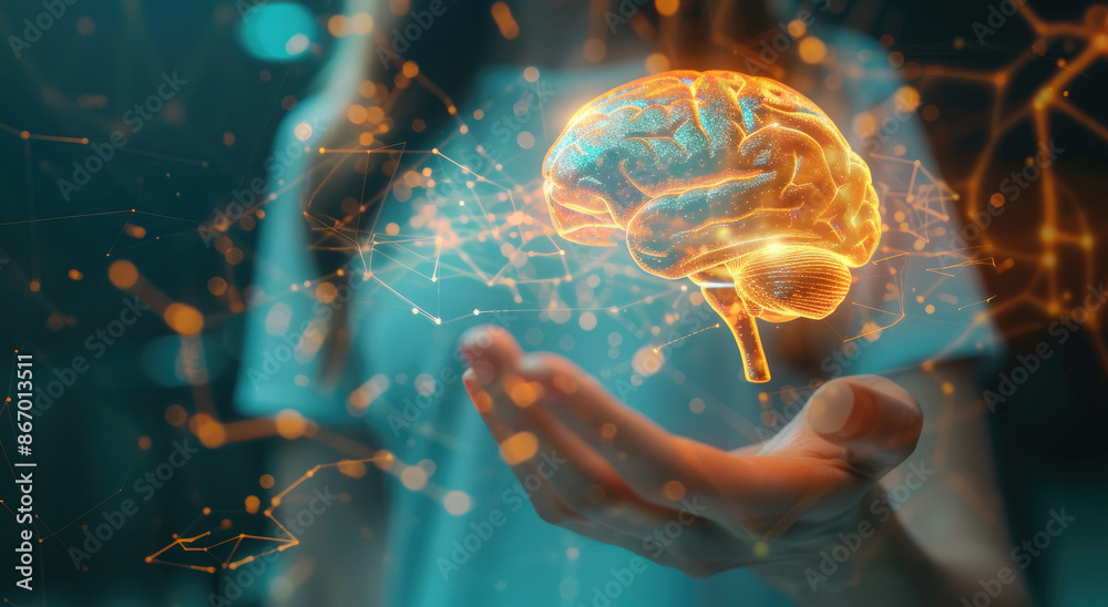 Wall mural A woman holds out her hand with an holographic transparent brain on it, 3D rendering of the human decorative skull model isometric view with white background