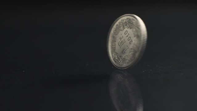 One Swiss Franc coin rotating slow motion, 1 CHF