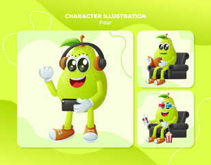 Cute pear characters enjoying leisure activities