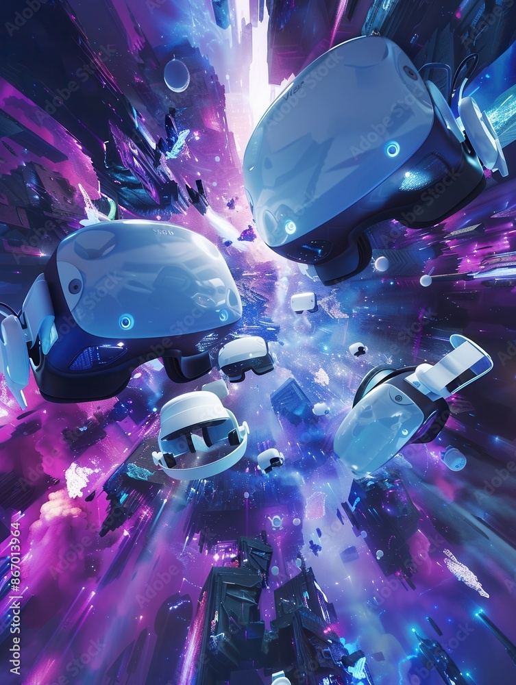 Poster Virtual reality headsets and augmented reality glasses immerse viewers in a fantastical, digital world. Generative AI