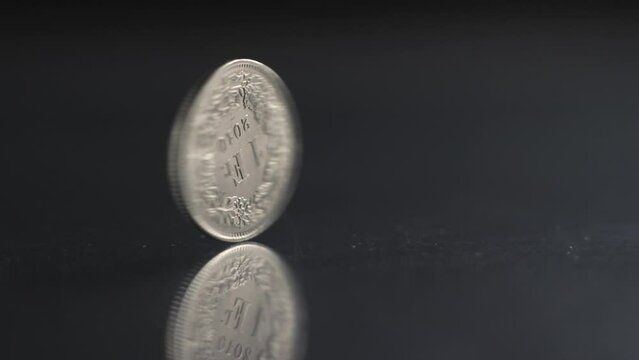 One Swiss Franc coin rotating slow motion, 1 CHF