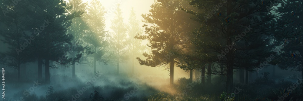 Aufkleber dawn in a peaceful forest, sunlight filtering through the trees and mist, ideal for eco-friendly and