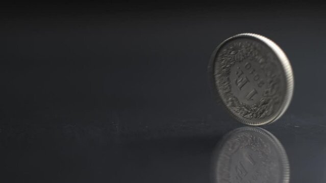 One Swiss Franc coin rotating slow motion, 1 CHF