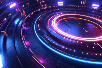 Obraz premium Futuristic Technology Background. Neon Glowing Circle with Digital Interface