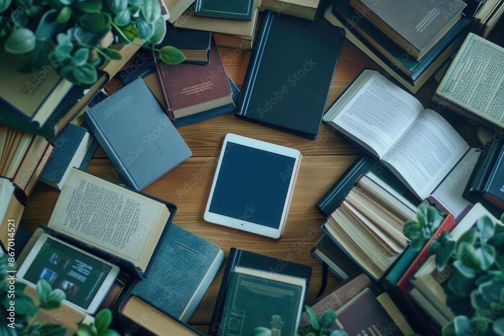 Poster a tablet and e-reader displaying educational materials sit amidst a collection of traditional books,