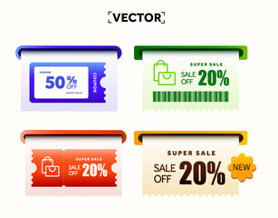 3d pack of printing coupons with different color, shopping icon, barcode and shape, coupon code. Coupon set isolated on white background. Voucher from mailbox template. 3d Vector illustration. Vector