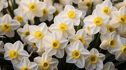 Narcissus flowers pattern background. A close-up of a cluster of white daffodils with yellow centers in full bloom. Full screen filled.