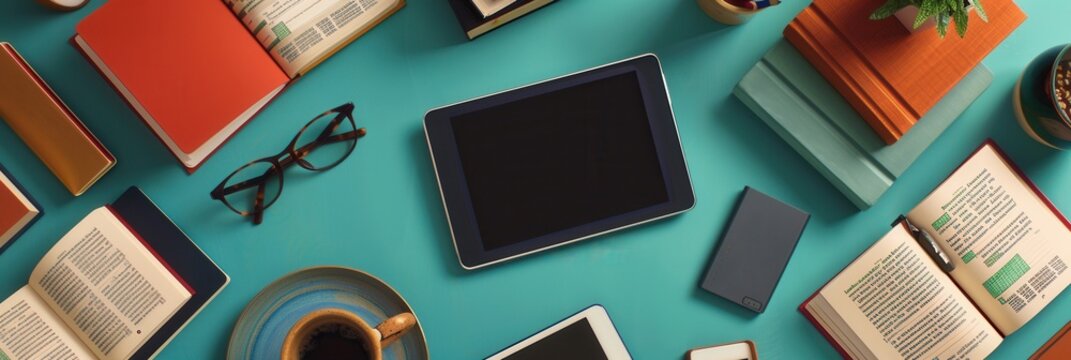 A flat lay showcasing digital learning tools. Tablets and e-readers with educational content and e-textbooks, perfect for online schools and e-book publishers. Generative AI