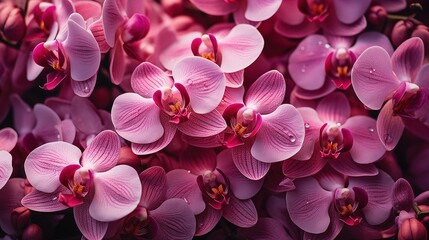 Fototapeta na wymiar Orchid flowers pattern background. A close-up view of numerous pink and purple orchids with water droplets on their petals, creating a vibrant and fresh appearance. Full screen filled.