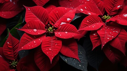 Many Poinsettia flowers bouquet wallpaper. Close-up of vibrant red poinsettia flowers with water droplets on the petals. Full screen filled.