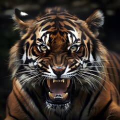 Fototapeta premium Angry tiger,Sumatran tiger (Panthera tigris sumatrae) beautiful animal and his portrait. 