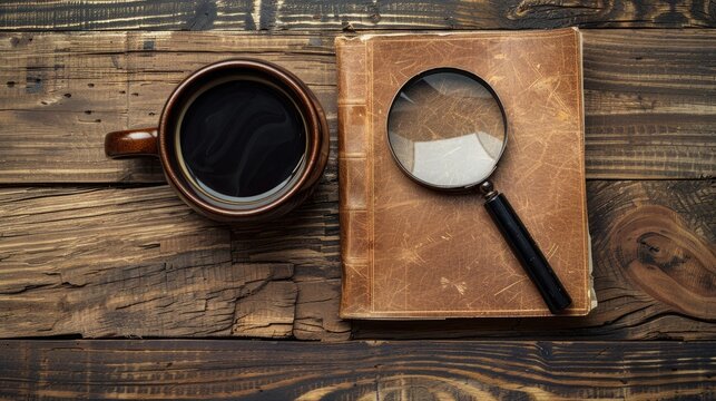 Mockup with closed book magnifying glass and coffee on wooden surface - Powered by Adobe