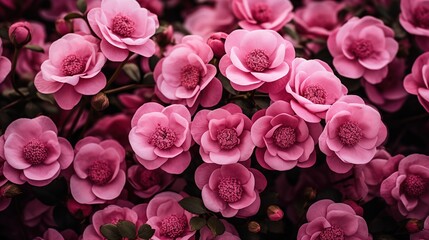 Fototapeta premium Prickly Wild Rose flowers beauty texture. A close-up of a cluster of vibrant pink camellia flowers in full bloom, showcasing their delicate petals and lush green leaves. Full screen filled.