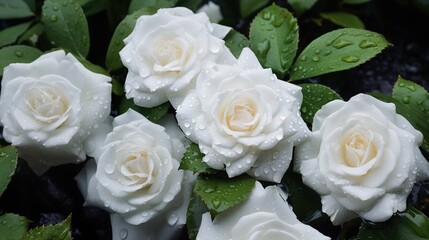 Many Rose flowers bouquet wallpaper. Close-up of white roses with water droplets on petals and leaves. Full screen filled.