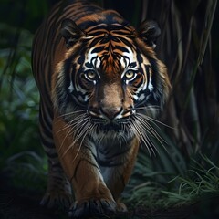 Fototapeta premium Angry tiger,Sumatran tiger (Panthera tigris sumatrae) beautiful animal and his portrait. 